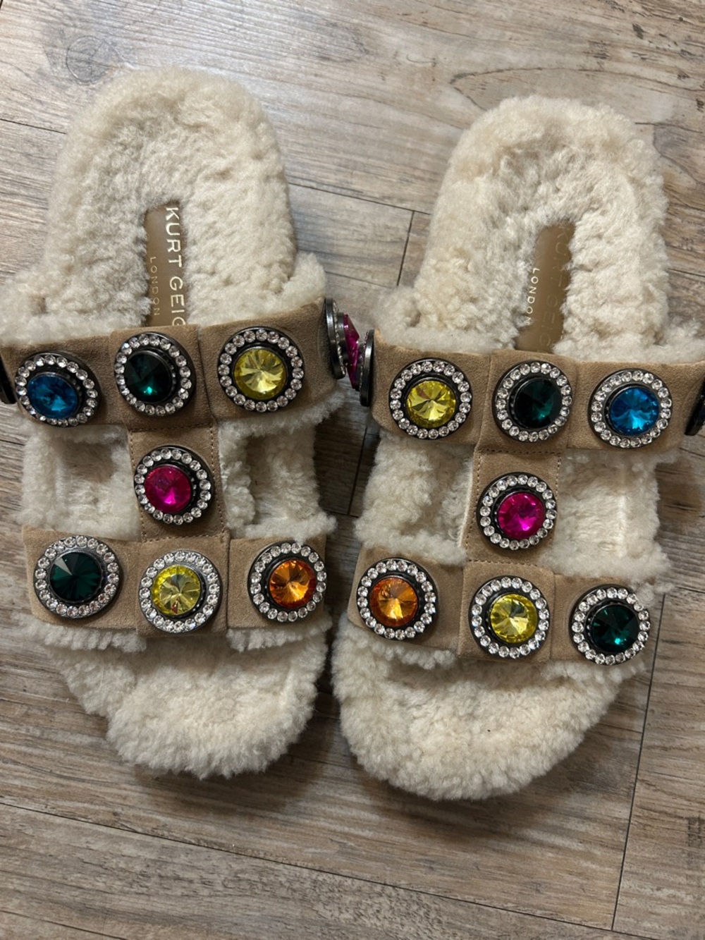 Kurt Geiger Beige Shearling Slides with Multicolor Gem Accents